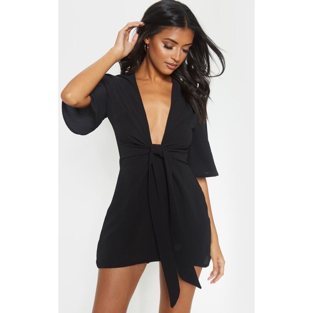 PRETTYLITTLETHING Black Tie Front Romper Size 16 NWT